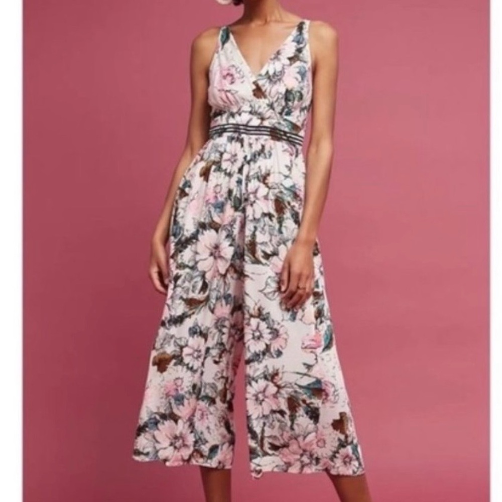 Anthropologie Sleeveless V Neck Wide Leg Floral Jumpsuit Cinched Waist Pockets